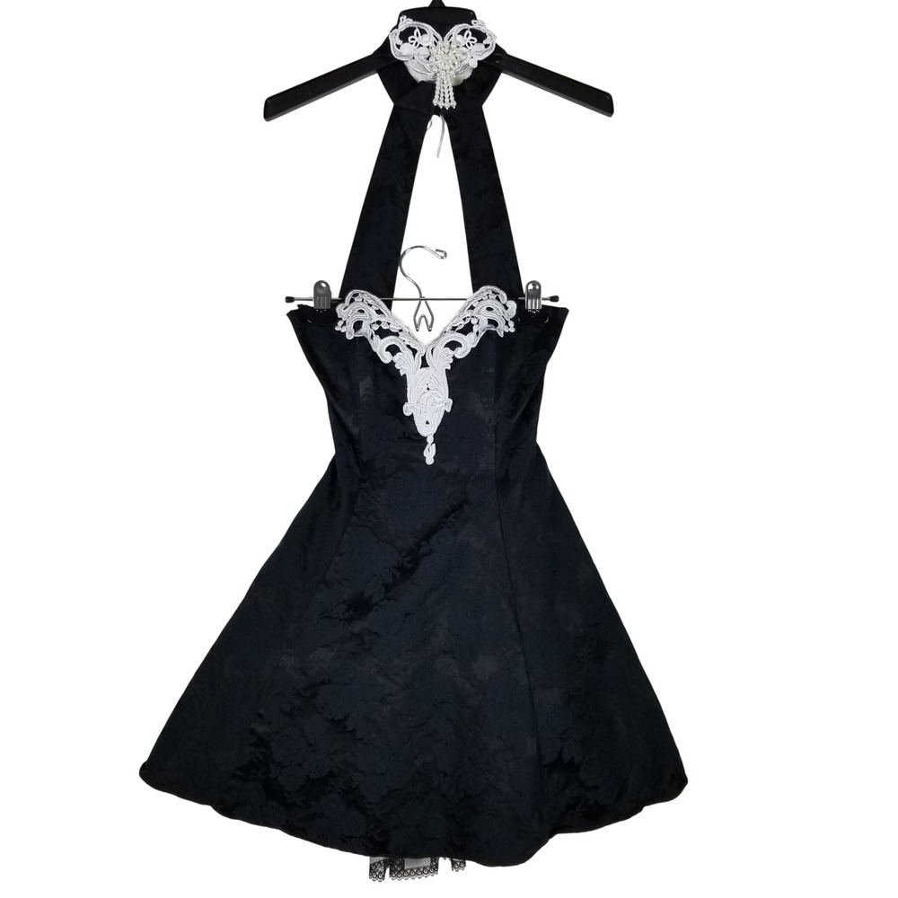 Jessica McClintock Gunne Sax Dress Womens 7/8 Black Floral Jacquard Lace Halter
